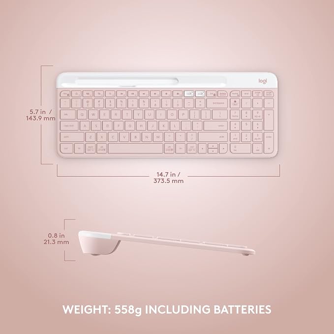 Logitech K585 Slim Wireless Keyboard with Built-in Phone Cradle - Rose | Bluetooth with included USB receiver, connects 2 devices, cradle can hold smartphone or tablet up to 10 in. in landscape mode - Image 9
