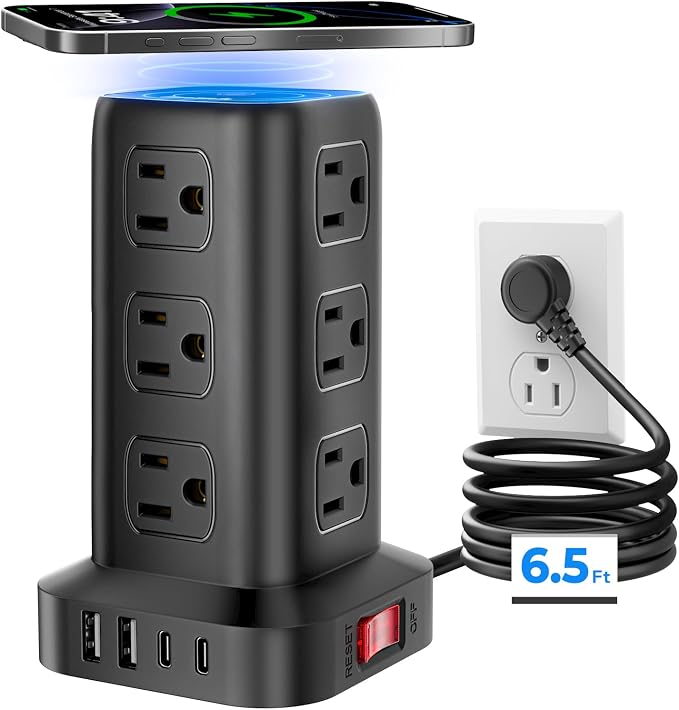 Power Strip with 12 Outlets 4 USB (1 USB C), 6.5Feet Extension Cord with Multiple Outlets, Charging Station, Power Strip Tower, Home Office Desk Supplies by SMALLRT