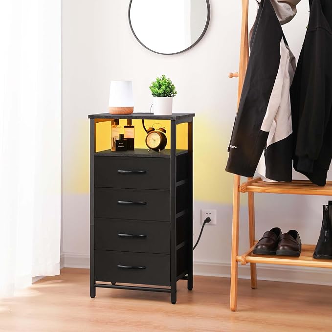 Yoobure Night Stand - LED Nightstand with Charging Station, Bedside Table with 4 Fabric Storage Drawers and Storage Shelf, End Table with USB Ports and Outlets, Tall Nightstand for Bedroom - Image 2