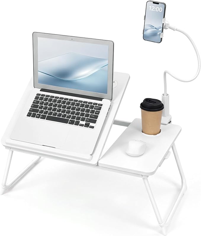 Nuanchu White 2 Pcs 23.6 in Laptop Desk for Bed with Adjustable Stand, Lap Desks for Adults, Bed Tray with Drawer & Phone Holder, Dorm Room, College Dorm (5 Gears) - Image 8