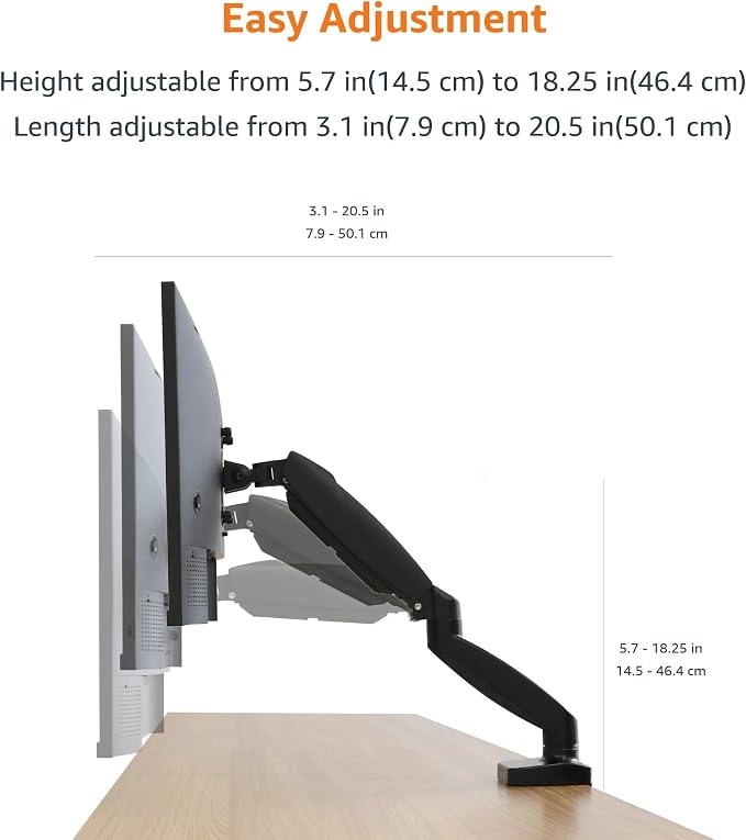 Amazon Basics Gas Spring Single Monitor Arm Desk Mount, Adjustable Tension, Fits 15–27 Inch Monitors, Supports 4.4–15.4 lbs, VESA 75x75/100x100, Black - Image 5
