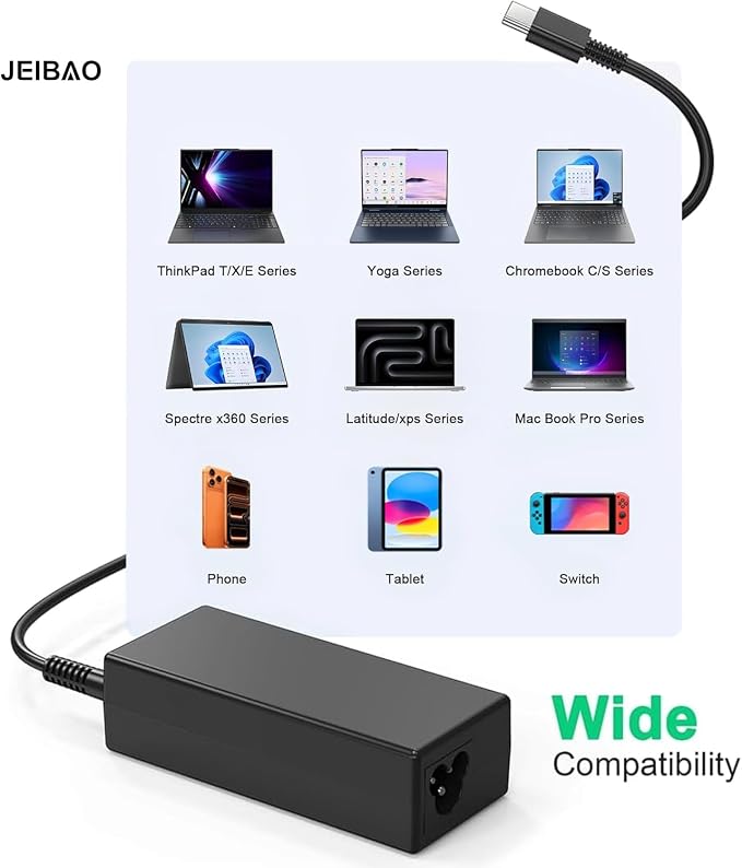 JEIBAO Universal 65W USB C Type C AC Adapter Laptop Charger Compatible with Lenovo ThinkPad X1 T14 T15 E14 E15 T480s T580s T490 E580 E590 Yoga 7i 9i C930 C940 S730 920 720 Chromebook C330 S330 - Image 2