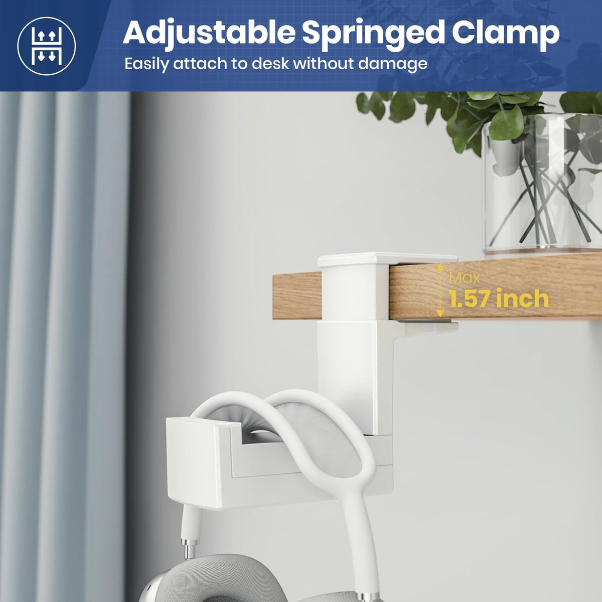 Dual Headphone Stand Holder - EURPMASK 2 in 1 PC Gaming Headset Hooks, 360 Degree Rotating Headphone Hanger with Adjustable Clamp & Cable Clip Organizer, Headset Mount Under Desk Earphone Clamp-White - Image 4