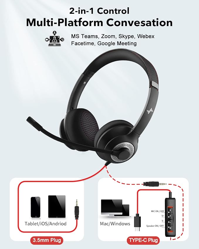 JIAMQISHI USB Headset with Microphone for PC, On-Ear Computer Laptop Headphones with Noise Cancelling Mic in-line Control for Home Office Online Class Zoom (Type C+3.5mm, Black) - Image 5
