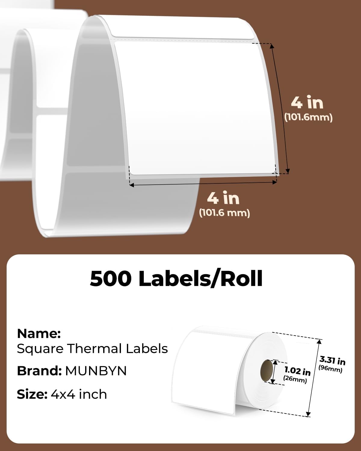 MUNBYN 4x4 Thermal Labels, 500 Sheets/Roll, White - Image 2