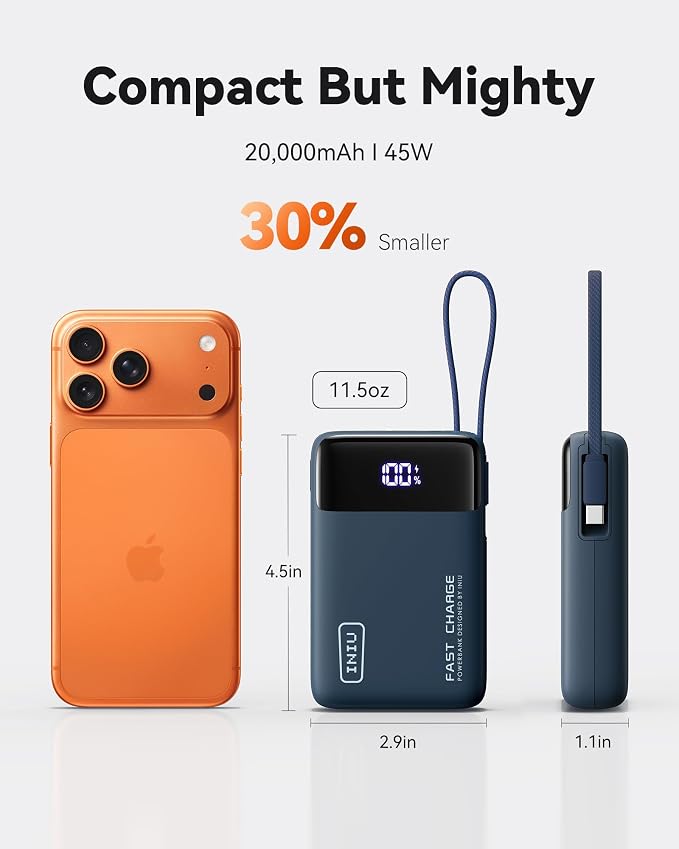 INIU Portable Charger, Smaller 45W Fast Charging Power Bank, 20000mAh Blue | Flight-Safe, Built in USB-C Cable, Travel Essential, Battery Phone Pack for iPhone 17 16 Pro, Samsung S26, iPad etc, Blue - Image 3