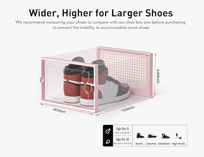 Kuject X-Large Shoe Storage Boxes 12 Pack, Clear Stackable Shoe Organizer | Shoe Case for Closet, Entryway & Under-Bed Storage, Drop-Front Design, Space-Saving Solution for Family Organization,Pink - Image 2