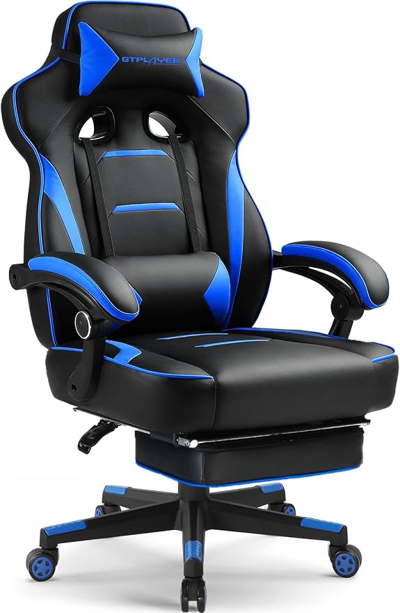 GTPLAYER Gaming Chair with Footrest, 350LBS Big and Tall Office Chair, Ergonomic High Back Lumbar Support and Recliner for Back Pain Relief, Blue by GTPLAYER