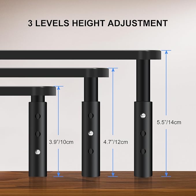 Monitor Stand Riser, Metal Computer Stand, 3 Height Adjustable Screen Riser with Mesh Platform for PS4, Laptop, Printer, Notebook and All Flat Screen, Holds Up to 20KG | 3 Height Adjustable Desk Riser for PS4, Laptop, Printer, Notebook and All Flat Screen - Image 2