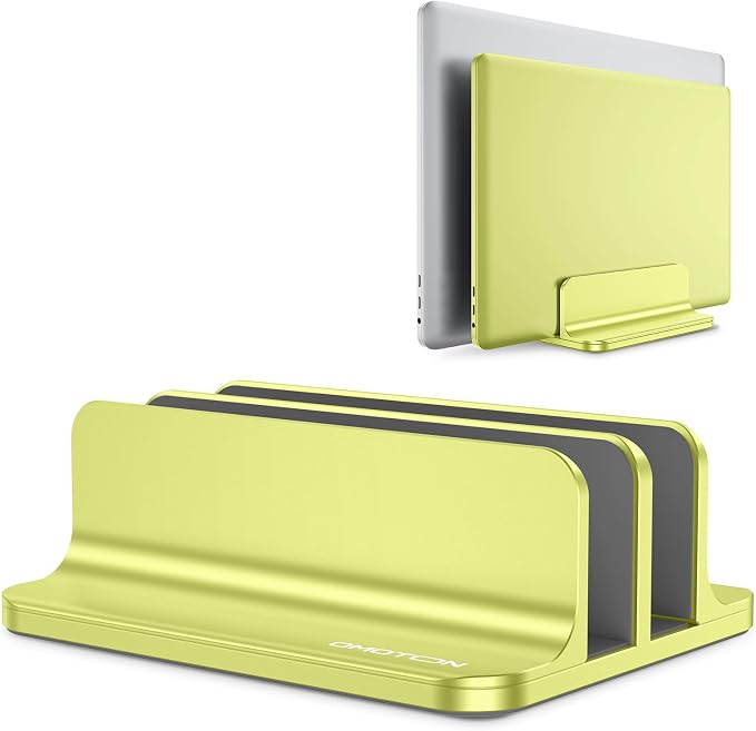 OMOTON Dual Vertical Desk Laptop Stand Holder, Fits MacBook Air/Pro, Citron | Aluminum Laptop Storage Rack for Desk, Adjustable Dock for Up to 17.3 in. Gaming Laptop, Space-Saving Desk Organizer by OMOTON
