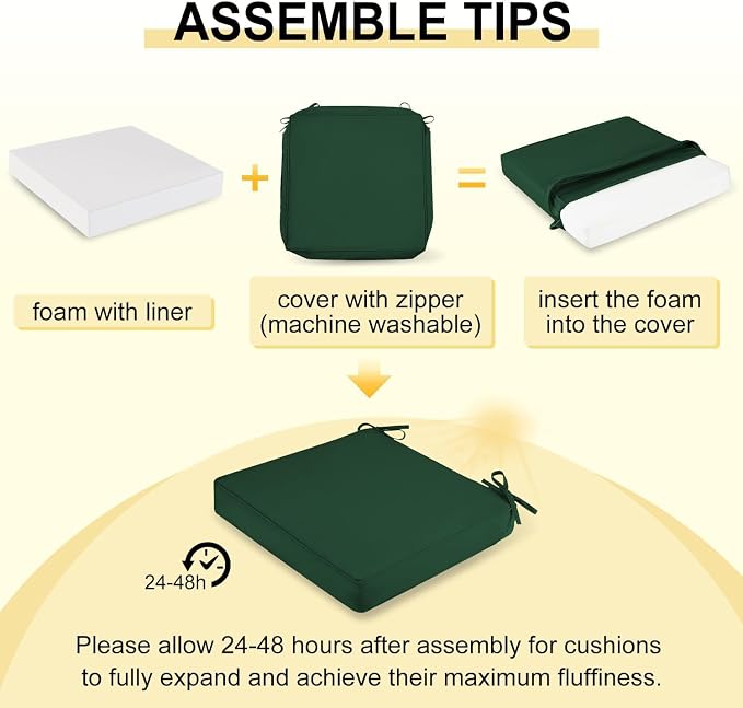 downluxe Waterproof Outdoor Chair Cushions Set of 4, 19" x 19" x 3" Patio Chair Cushion with Non-Slip Ties & Handle, Square Outdoor Cushion for Patio Furniture with Removable Cover, Forest Green - Image 7