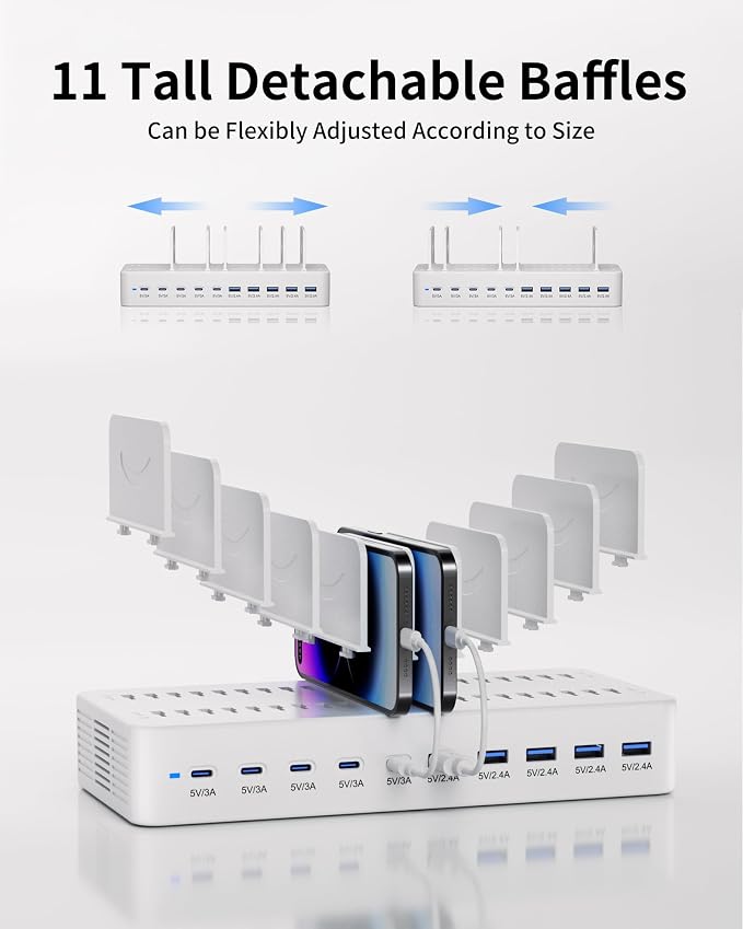 100W Charging Station for Multiple Devices, 10-Port USB Fast Charger, White | with Adjustable Dividers & 10 Cables- Multi Device Organizer Charging Dock for iPhone, iPad, Tablets & More - Image 5