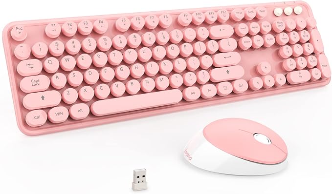 Wireless Keyboard and Mouse Combo, 2.4G Typewriter, Pink | Retro Full Size Computer Keyboards, Cute Mouse, USB Dongle Plug and Play, for PC,Laptop,Desktop,Windows by Kootop