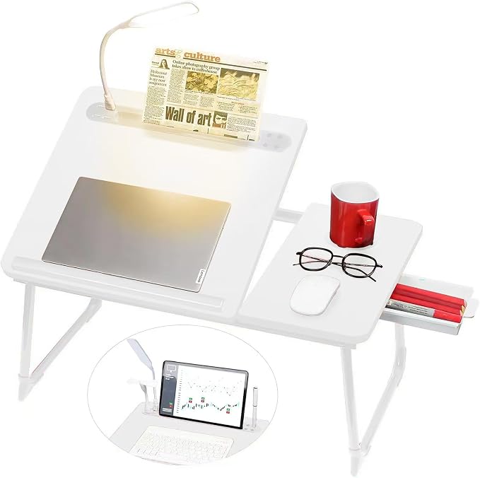 CloudTrip Plus XL Adjustable Laptop Desk with Light, USB Port, iPad Holder, Drawer Storage - Larger 23.6IN Adjustable Lap Desk for Bed, Home Office, Breakfast Tray, Fordable Legs Desk (White) by CloudTrip
