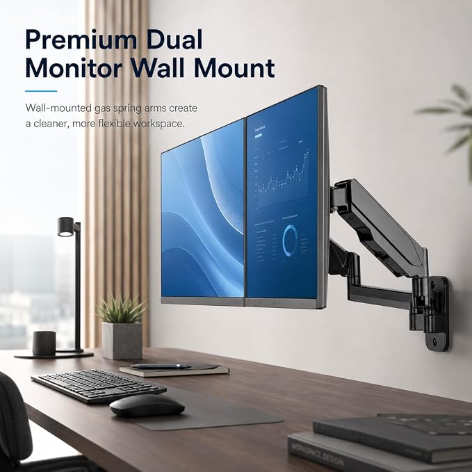 Mount-It! Dual Monitor Wall Mount Bracket - Double Computer Monitor Wall Mount With Two Height Adjustable Full Motion Arms Tilt up to 17" - 32" Inch Screens with 75, 100 VESA Patterns, 19.8 Lb Per Arm - Image 7
