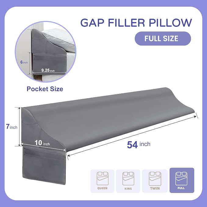 Vekkia Full Bed Wedge Pillow for Headboard,Mattress Gap Filler(Gap 0–6") | Wedge Pillow with Supportive Comfort Foam & Large Side Pockets,Prevents Lost Pillows & Items,Washable Cover 54"x10"x7" Gray - Image 2