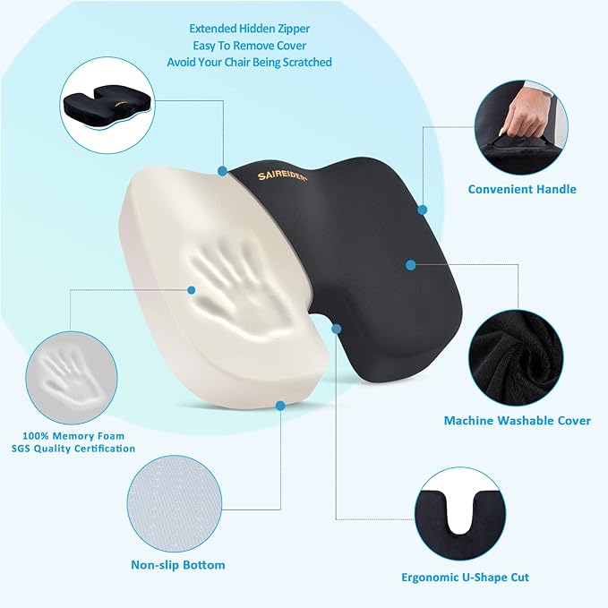 SAIREIDER Seat Cushion and Lumbar Support Pillow for Office Chair, Memory Foam Car Seat Cushions Back Support Pillows, Help Relieve Pain of Back, Lumbar, Tailbone and Sciatic Nerve（Black） - Image 3