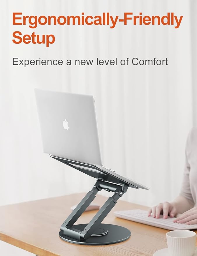 tounee Telescopic Laptop Stand for Desk with 360° Swivel Base, Sit to Stand, Height Adjustable, Portable Riser Holder for Good Posture, Compatible with MacBook Pro, All Laptops 10-17"-Gray - Image 9