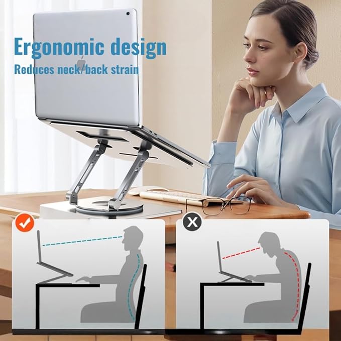 Laptop Stand for Desk, Adjustable Height & Angle Portable Aluminum Laptop Riser & Monitor Stand with 360° Swivel, Foldable Ergonomic Computer Stand for 10-17 Inch Laptops (MacBook/Dell/HP), Silver. - Image 8