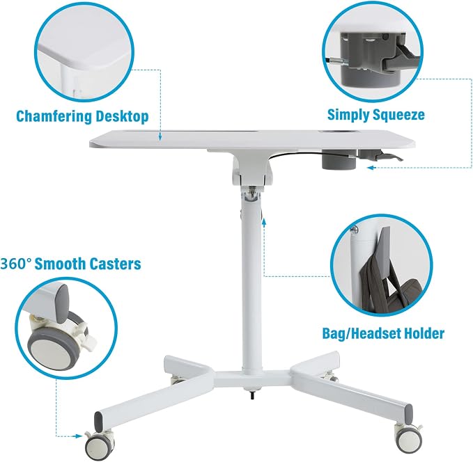 Lipo Mobile Sit Stand Desk - Height Adjustable Standing Laptop Desk Cart Rolling Couch Table on Wheels White Workstation with Gas Spring Riser for Home Office Classroom - Image 6