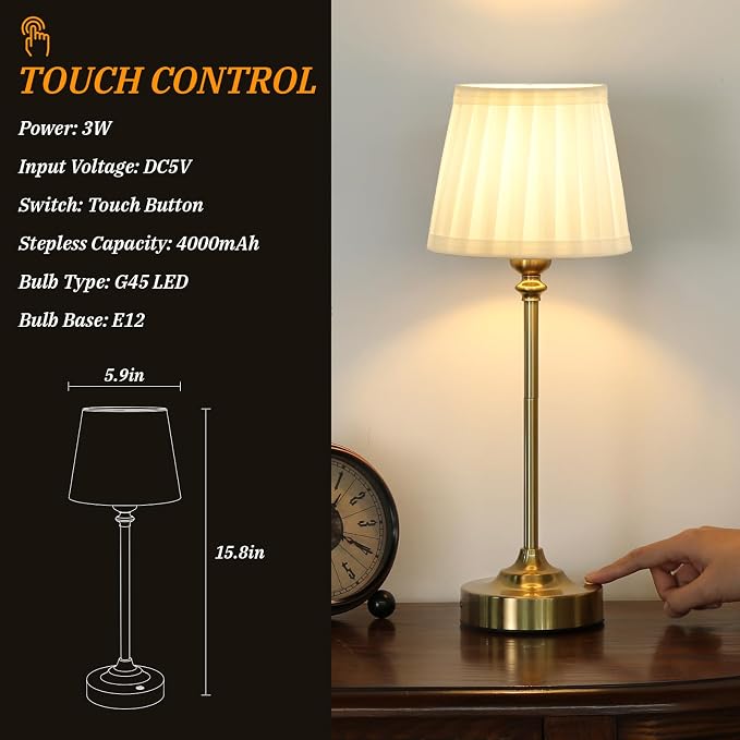 Cordless Table Lamp Rechargeable Gold - 1 Pack Brass 4000mAH Battery Operated Lamp for Decor, 3000K Stepless Dimming Touch Control Wireless Lamp for Bedroom, Dining Table, Counter, Living Room - Image 5