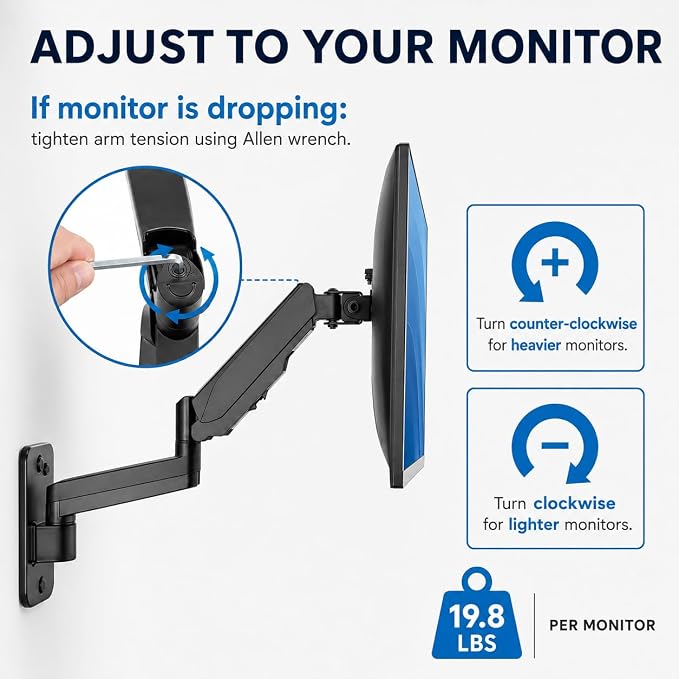 Mount-It! Dual Monitor Wall Mount Bracket - Double Computer Monitor Wall Mount With Two Height Adjustable Full Motion Arms Tilt up to 17" - 32" Inch Screens with 75, 100 VESA Patterns, 19.8 Lb Per Arm - Image 6