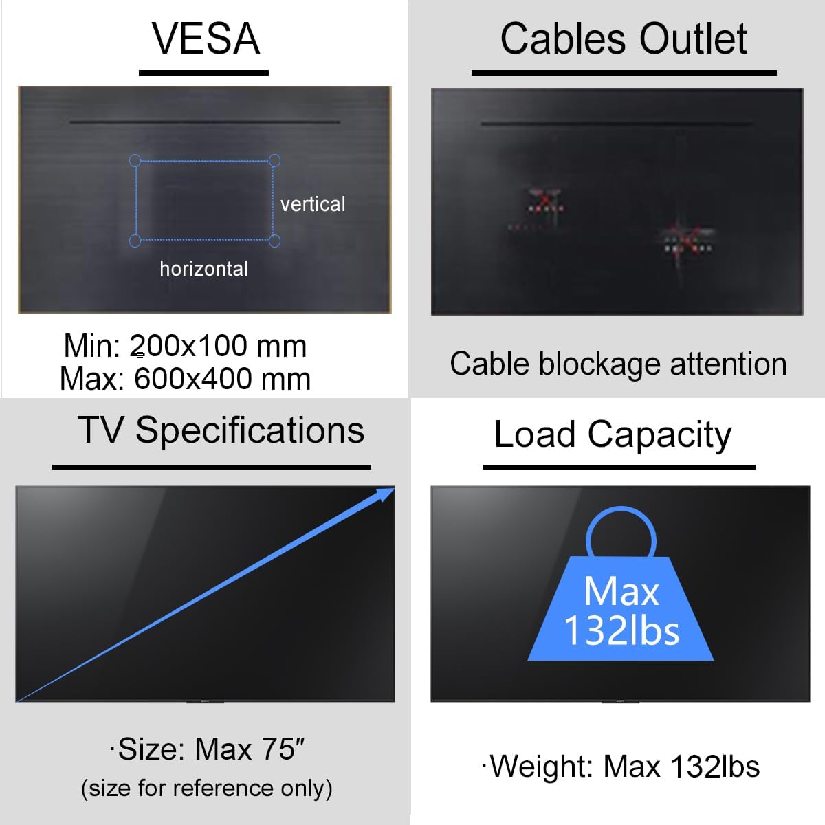 Suptek Ceiling TV Wall Mount Fits 37-75 inch LCD LED Plasma Monitor Flat Panel Screen Display with VESA 600x400 (Max) Loaded up to 132lbs Height Adjustable MC5602 - Image 6