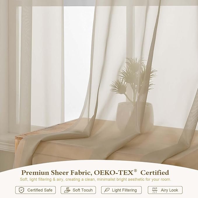 Taupe Sheer Curtains 84 Inches Long 2 Panels for Living Room 52 Wide | Sheer White Curtains for Bedroom, Elegant Airy Light Filtering Window Treatments, Rod Pocket, 2pcs Each Panel 52" W x 84" L - Image 3