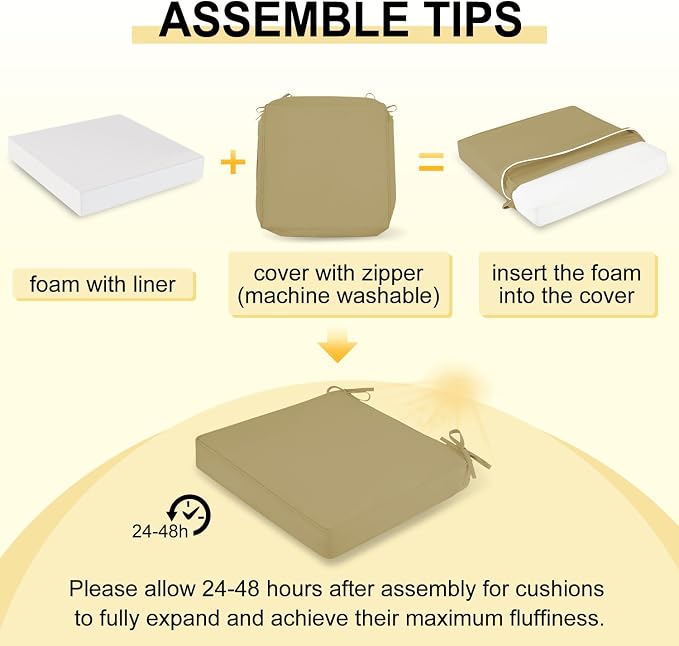 downluxe Waterproof Outdoor Chair Cushions Set of 4, 19" x 19" x 3" Patio Chair Cushion with Non-Slip Ties & Handle, Square Outdoor Cushion for Patio Furniture with Removable Cover, Khaki - Image 7