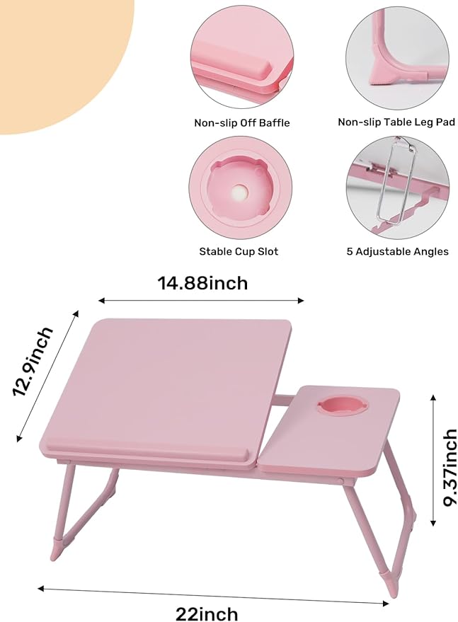 Lap Desk for Couch/Sofa/Floor, 5-Angle Adjustable Bed Desk with Foldable Legs &Cup Holder, Light Weight Bed Tray Table for Writing/Eating/Reading, Portable Laptop Stand for Adults, Kids - Image 3