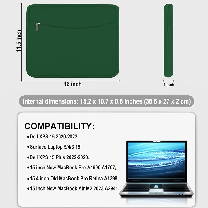 Laptop Case 15.6 inch, Shockproof Protective Laptop Cover Briefcase Carrying Computer Bag with Accessory Pocket, Portable Computer Sleeve Compatible with MacBook, HP, Dell, Lenovo, Asus, Green - Image 4