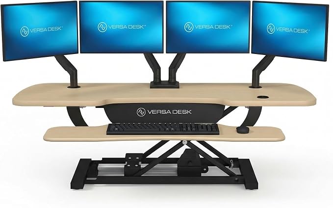 PowerPro 48 Inch Electric Standing Desk Converter – Push-Button Height Adjustable Sit to Stand Desk Riser for Multiple Monitors – Motorized Desktop Workstation with Wide Keyboard Tray by VERSADESK