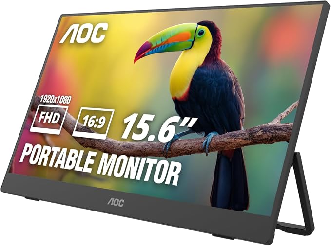 AOC 16" Portable Monitor FHD 60Hz USB-C IPS Ultra Slim Kickstand 16T30 | 1920×1080 Computer Monitor, USB-C 3.2, Mini HDMI, Built-in Speakers, Kickstand, Ultra Slim, VESA Mount, Low Blue Light by AOC