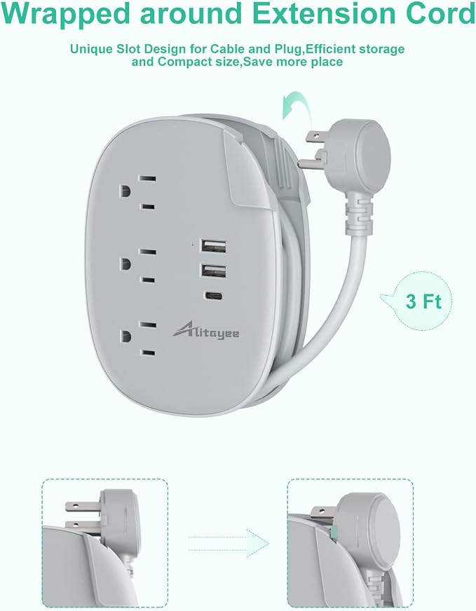 Alitayee USB C Portable Travel Power Strip,3ft Wrapped Extension Cord,3.1A | 3 Outlets,3 USB Ports,3ft Wrapped Around Extension Cord,Fast Charge,Flat Plug, Outlet Extender,For Cruise Travel Home Office - Image 4