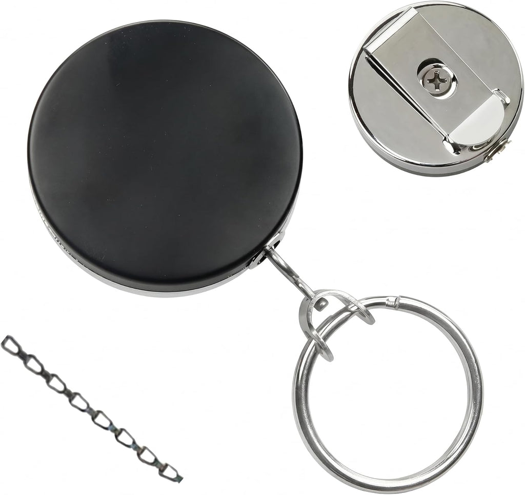 Bulk 25 Pack - Heavy Duty All Metal Badge Reel with Chain Link Retractor Pull & Split Key Ring - Retractable Keychain by Specialist ID (Black/Silver) by Specialist ID
