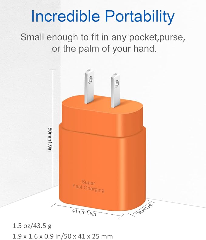 Type C Charger Fast Charging,USB C Charger,25W Samsung Super Fast Charger | for Samsung Galaxy S26/S25/S24/iPhone 17/16/15 Series,Android,with 6FT Extra Long USB C Cable (2-Pack with 2 Cable Orange) - Image 5