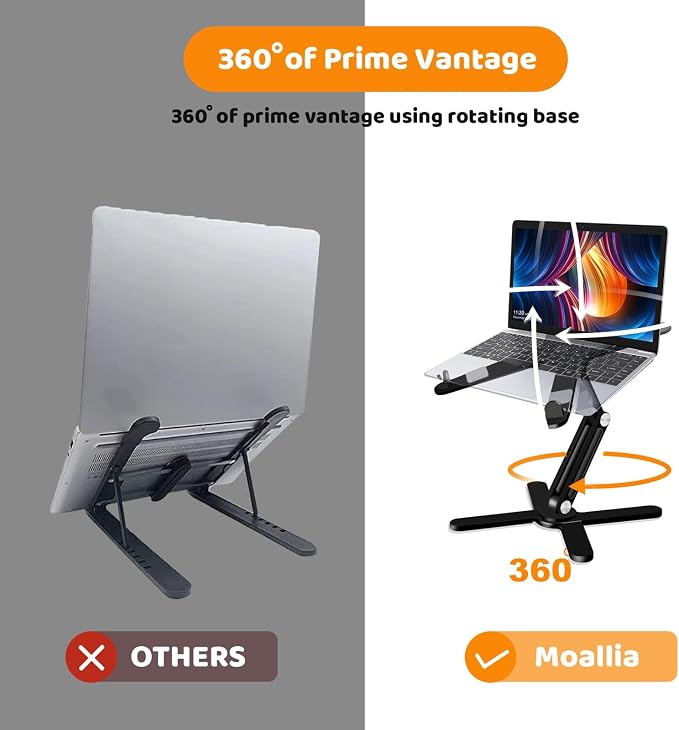 N86 360 Rotating Laptop Stand for Desk with Locking Knobs, Black | Aluminum Ergonomic Riser Adjustable Height & Angle for Collaborative Work. Foldable Portable Fits MacBook & Laptops up to 16" - Image 3
