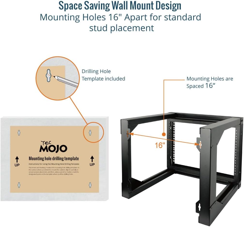 Tecmojo 6U Wall Mount Server Rack, Open Frame Network Rack for 19" Computer/AV/Data/IT/Media Equipment, 18" Depth, 16" Apart Mounting Holes, Swing Gate, Square and Tapped Holes - Image 4