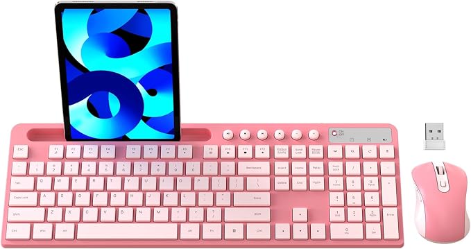 Wireless Keyboard and Mouse Combo, MARVO 2.4G Ergonomic Wireless Computer Keyboard with Phone Tablet Holder, Silent Mouse with 6 Button, Compatible with MacBook, Windows (Sakura Pink) by MARVO
