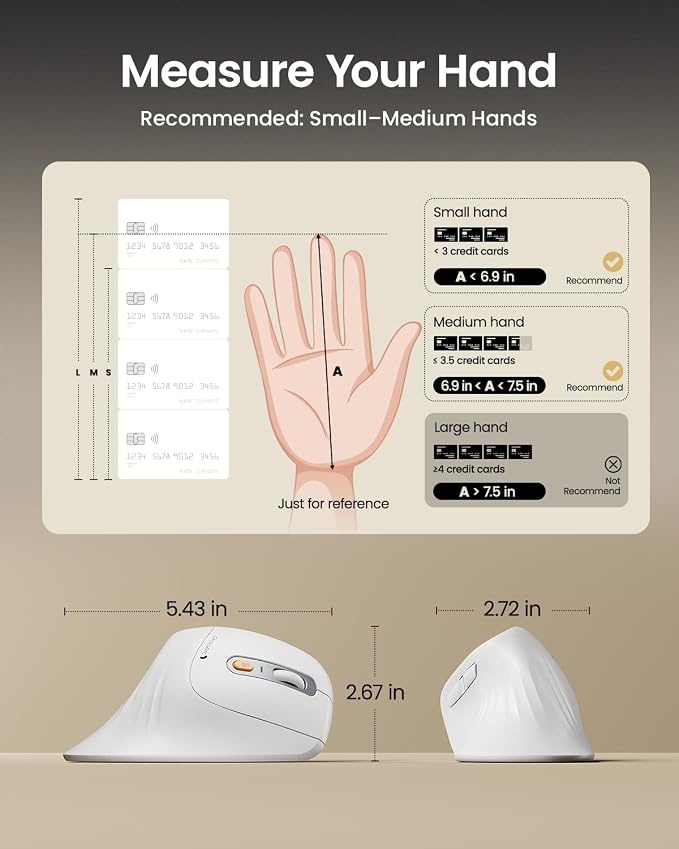 ProtoArc EM11 NL Wireless Ergonomic Vertical Mouse, White | 58° vertical design supports a natural wrist posture; connect 3 devices via Bluetooth/2.4G USB-A; 500mAh USB-C rechargeable. - Image 7