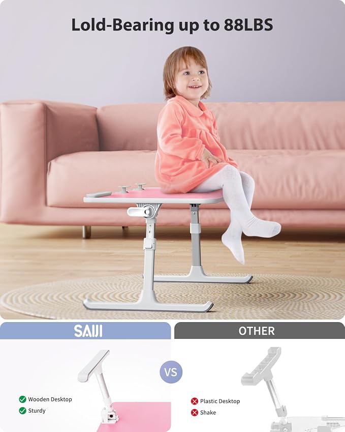 SAIJI Height & Angle Adjustable Laptop Stand for Bed, Lap Desk Tray Table | Light Weight Foldable Portable Laptop Table for Couch Sofa Chair Floor Desk for Adults, Kids (Pink) - Image 2