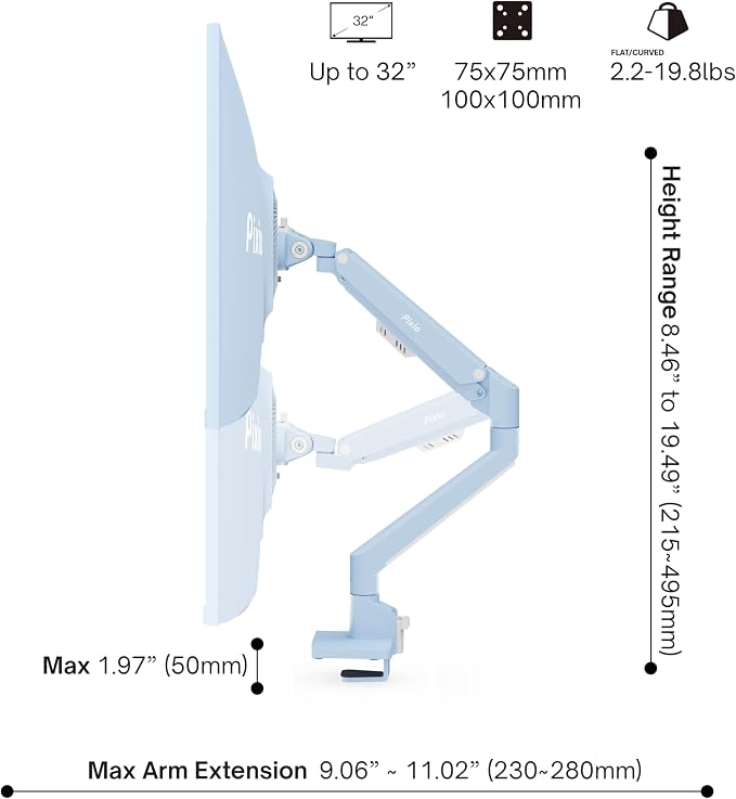 Pixio PS1S Wave Blue Single Monitor Arm Stand Desk Mount - Fits up to 32 inches Monitors and up to 19.8lbs. VESA Compatibility and Integrated Cable Management - Image 4