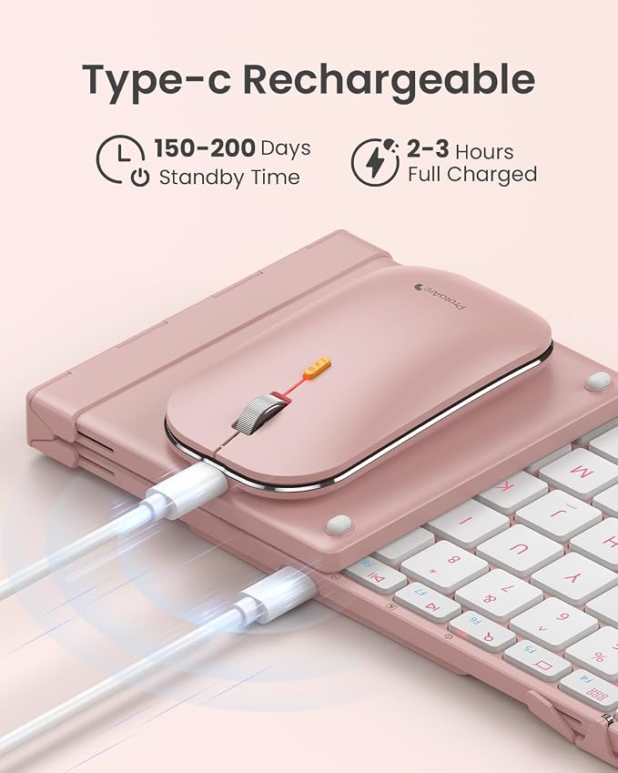 ProtoArc XKM01 Full-Size Foldable Keyboard Mouse Combo for Travel - Pink | 105-key keyboard, slim mouse, hard case and phone stand; 3-device Bluetooth & 2.4G switching, for travel office use - Image 7