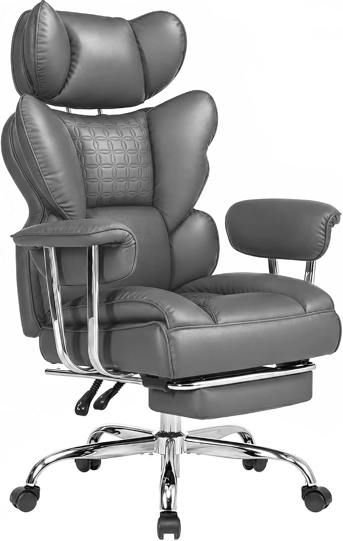 DUMOS Big and Tall Home Office Desk Chair, Executive Chair with Footrest | Scratch-Resistant PU Leather, Ergonomic Reclining, Pocket Spring Support, 400 LBS Weight Capacity, Grey by DumosLifestyle