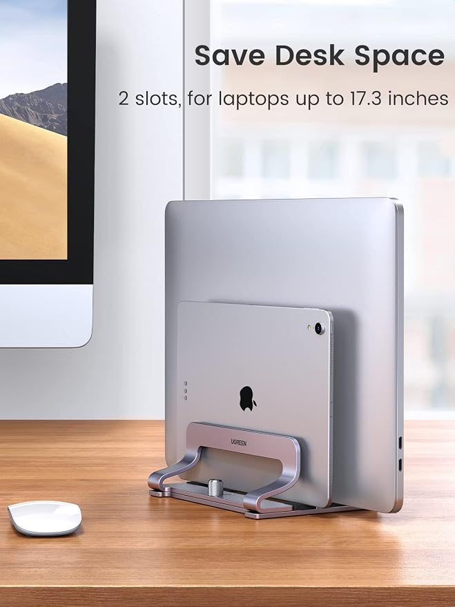 UGREEN 2-Slot Vertical Laptop Stand Holder Desk Compatible with MacBook Pro Air Laptop Stand Desktop Adjustable, Lenovo Ideapad, Surface Book, HP Notebook, Dell Chromebook Up to 17.3 Inch, Space Gray - Image 2