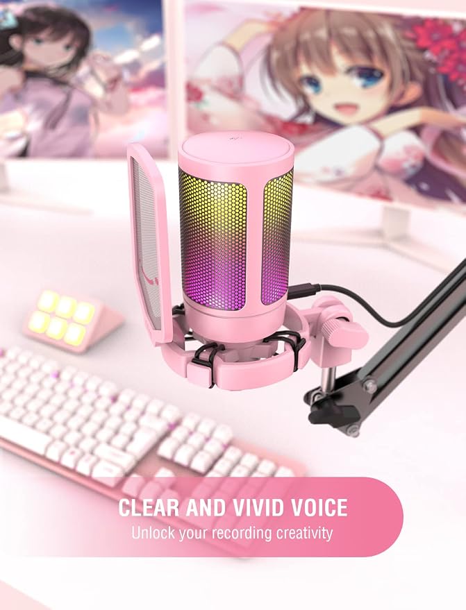 FIFINE AmpliGame Pink USB Gaming Microphone, Condenser RGB Mic for PC/PS5 | RGB Indicator, Gain Control, Quick Mute, Tripod Stand, Pop Filter, Cardioid Pickup, for Streaming Discord Twitch Podcasts - Image 6