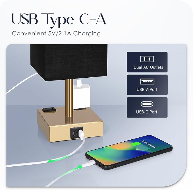 Bedside Lamp with USB Ports - Touch Control Table Lamp for Bedroom with USB C+A Charging Ports & AC Outlets, 3 Way Dimmable Nightstand Light for Living Room (LED Bulb Included, Brass - Black) - Image 3