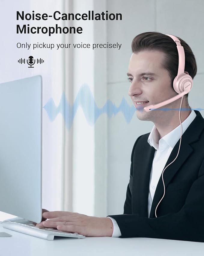 NUBWO HW02 USB Headset with Microphone Noise Cancelling & in-line Control | Ultra Comfort Computer Headphones for Laptop pc, On-Ear Wired Office Call Center Headset for Boom Skype Webinars (Pink) - Image 2