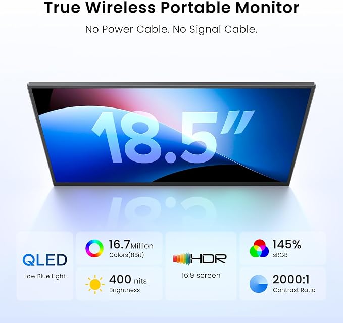 UPERFECT 18.5" 1080P 100Hz Wireless Portable Monitor with Battery 10000mAh | 145% sRGB QLED Gaming Monitor with Stand, Bag & VESA, Large Second Screen for Laptop, Computer, Phone, Game Consoles - Image 2