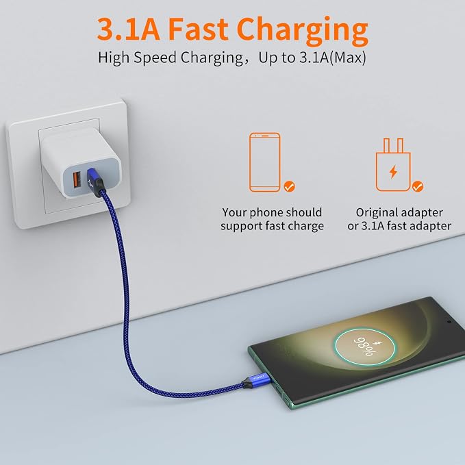 JXMOX Short USB C Cable (1ft 3-Pack), USB A to Type-C Charger Cord 3.1A Fast Charging Compatible with iPhone 15 16 Pro Max, Samsung Galaxy S22 S21 S20 S10 S9, Note 10, A80 A70 A50, Power Bank (Blue) - Image 4